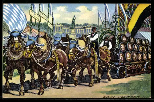 Künstler-AK München, Oktoberfest, Brauereiwagen vor der Bavaria