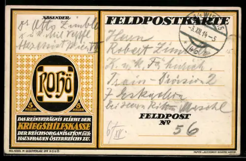 AK Feldpostkarte, Reinerträgnis für die Kriegshilfskasse der Hausfrauen Österreichs