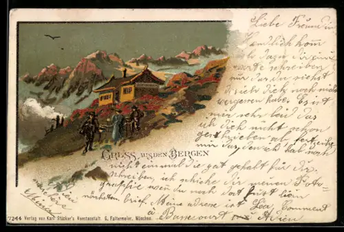 Lithographie Bergsteiger vor einer Berghütte