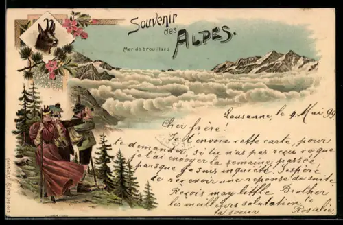 Lithographie Bergsteigerpaar in den Alpen oberhalb der Wolkendecke