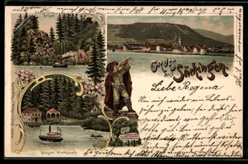 Lithographie Säckingen, Bergsee-Gasthaus, Scheffelfelsen und Bergsee, Uferpartie