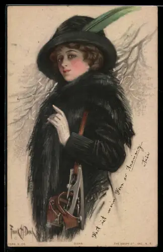 Künstler-AK Frank H. Desch: Elegante Dame mit Kufen zum Schlittschuhlaufen