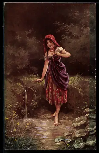 Künstler-AK R. Borrmeister: Dame in Tracht am Wasser