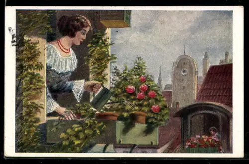 Künstler-AK Max Dutzauer: Dame giesst die Rosen an ihrem Fenster