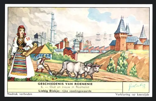 6 Sammelbilder Liebig, Serie Nr. 1745: Geschiedenis van Roemenie, Stephanus de Grote, De Hajdoeks, Radu de Zwarte