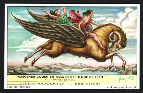 6 Sammelbilder Liebig, Serie Nr. 1758: Vliegende Goden en Helden der Oude Grieken, Demeter, Daidalos, Helios, Zeus