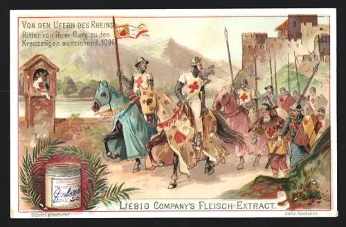 6 Sammelbilder Liebig, Serie Nr. 682: Von den Ufern des Rheins, Karl der Grosse, Die Franzosen unter Ludwig XIV.