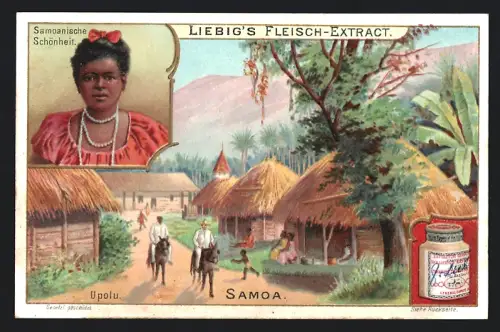 6 Sammelbilder Liebig, Serie Nr. 704: Samoa, Hafen von Apia, Baumwohnung, Upolu, Aufzug eines Häuptlings