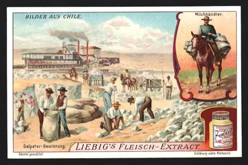 6 Sammelbilder Liebig, Serie Nr. 920: Chile, Verkauf von Moté, La Cueca, Valparaiso, Santiago, Salpeter-Gewinnung
