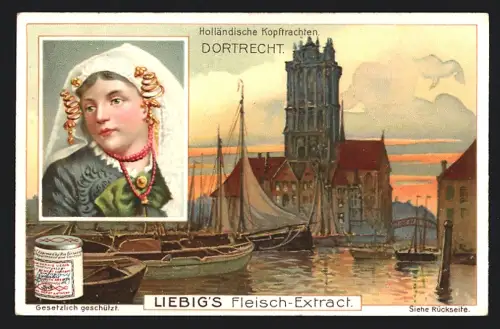 6 Sammelbilder Liebig, Serie Nr. 844: Holländische Kopftrachten, Volendam, Zaanstreek, Marken, Zuid Beveland, Dortrecht
