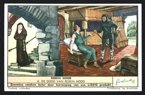 6 Sammelbilder Liebig, Serie Nr. 1506: Robin Hood, Het Boogschuttersfeest, De Bisschop van Hereford