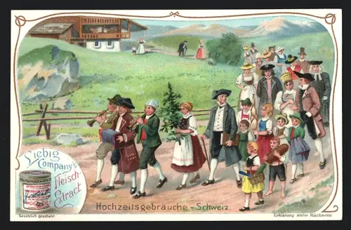6 Sammelbilder Liebig, Serie Nr. 666: Hochzeitsgebräuche, Norwegen, Frankreich, Bulgarien, Ungarn, Spreewald, Schweiz