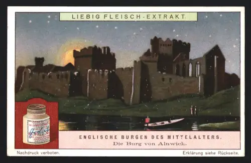 6 Sammelbilder Liebig, Serie Nr. 1190: Englische Burgen des Mittelalters, Kenilworth, Ludlow, Carnarvon, Alnwick, Raby