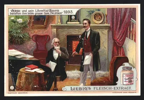 6 Sammelbilder Liebig, Serie Nr. 717: Giuseppe Verdi, Geburtshaus, Erste musikalische Anregung, Erstes Auftreten