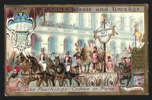 6 Sammelbilder Liebig, Serie Nr. 588: Feste und Umzüge, Japan, Mexiko, New York, Mailand, China, Paris