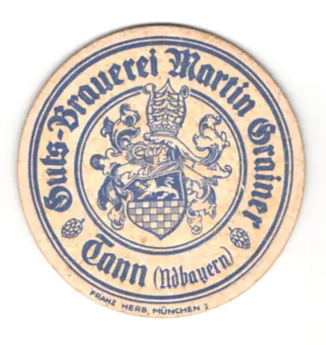 Bierdeckel Guts-Brauerei Martin Grainer, Tann /Ndbayern, Wappen