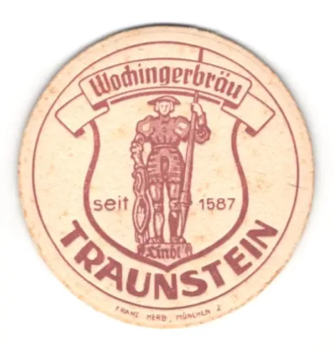 Bierdeckel Wochingerbräu, Traunstein, seit 1587, Streiter mit Lanze