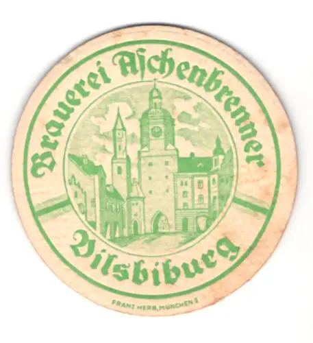 Bierdeckel Brauerei Aschenbrenner, Vilsbiburg, Ortspartie mit Stadtturm