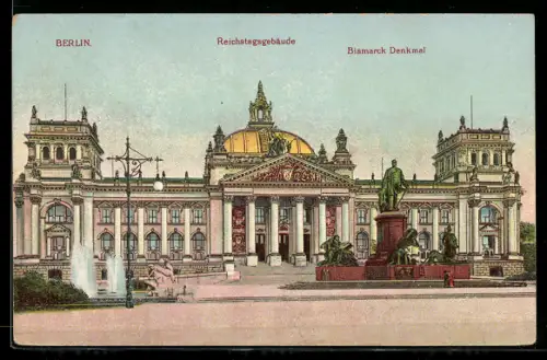 Lithographie Berlin, Reichstagsgebäude, Bismarck Denkmal