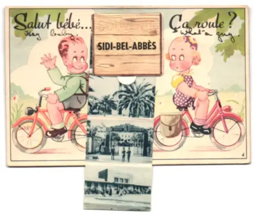 Leporello-AK Sidi-bel-Abbès, Verschiedene Ortsansichten, Kirche, Menschen vor einem Tor