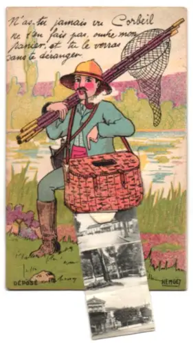 Leporello-AK Corbeil, Verschiedene Ortsansichten, Denkmal, Schloss, Marktszene