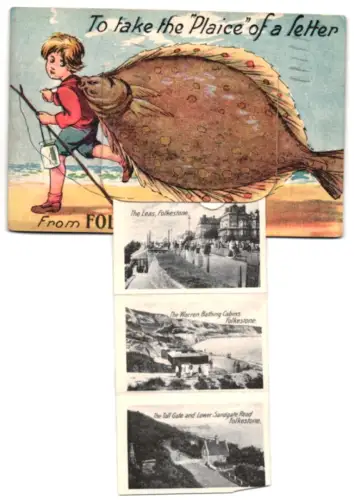 Leporello-AK Folkestone, The Victoria Pier, The Flushing Boat leaving the harbour, East Cliff