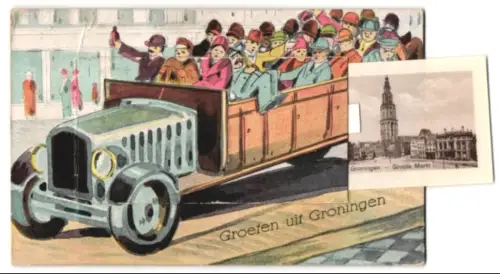 Leporello-AK Groningen, Oude Ebbingstraat, Strassenbahn, Stadhuis