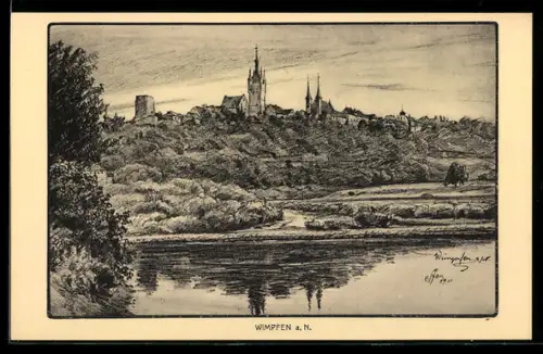 Künstler-AK Wimpfen a. N., Ortsansicht mit Kirche und Ruine