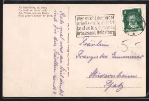 AK Propagandastempel Heidelberg, Wer sucht, der findet Arbeitskräfte aller Art kostenlos durch das Arbeitsamt Heidelberg