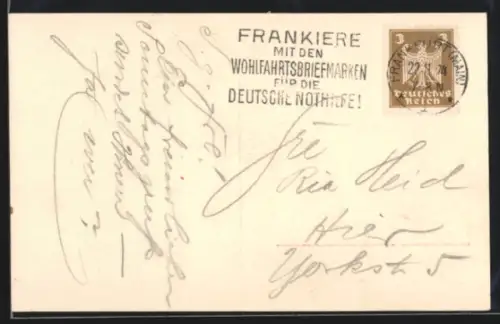 AK Propagandastempel Frankfurt a. Man, Frankiere mit den Wohlfahrtsbriefmarken für die Deutsche Nothilfe!