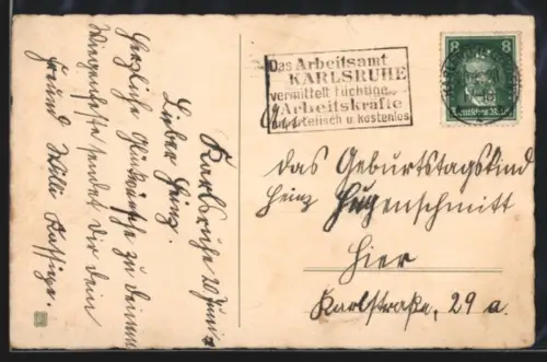 AK Propagandastempel Karlsruhe, Arbeitsamt Karlsruhe vermittelt tüchtige Arbeitskräfte unparteiisch u. kostenlos