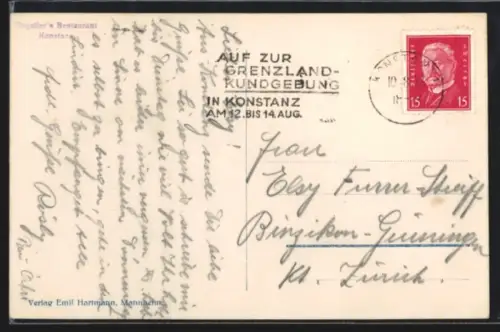 AK Propagandastempel Konstanz, Auf zur Grenzland-Kundgebung 12. - 14. August