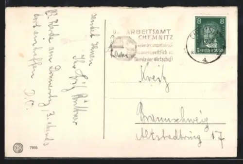 AK Propagandastempel Chemnitz, Arbeitsamt Chemnitz arbeitet unparteiisch u. unentgeltlich im Dienste der Wirtschaft