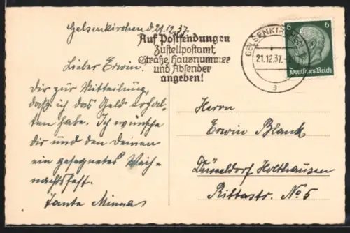AK Propagandastempel Gelsenkirchen, Auf Postsendungen Zustellpostamt, Strasse, Hausnummer u. Absender angeben!