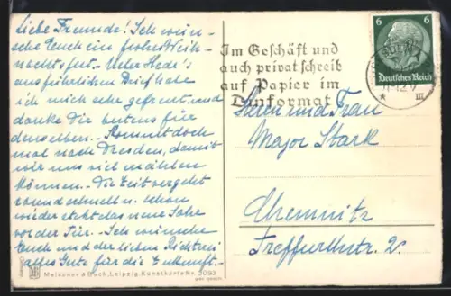 AK Propagandastempel Dresden, Im Geschäft und auch privat schreib auf Papier im Dinformat