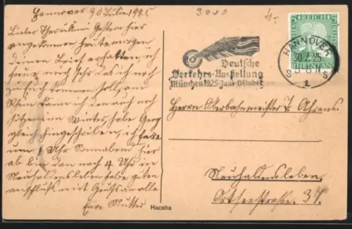 AK Propagandastempel Hannover, Deutsche Verkehrs-Ausstellung München 1925 Juni - Oktober