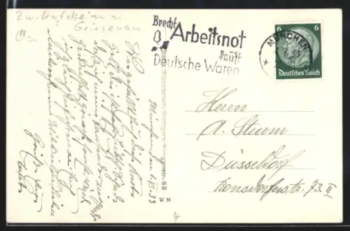 AK Propagandastempel München, Brecht Arbeitsnot, kauft Deutsche Waren