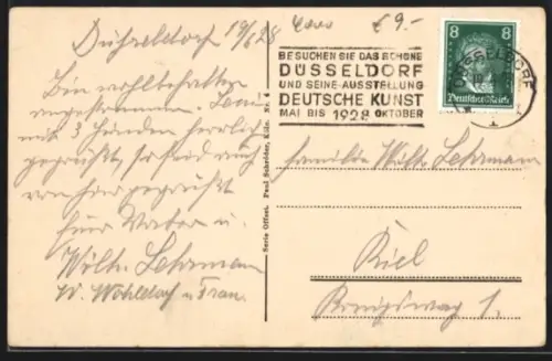 AK Propagandastempel Düsseldorf, Besuchen Sie das schöne Düsseldorf und seine Ausstellung Deutsche Kunst 1928