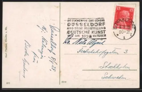 AK Propagandastempel Düsseldorf, Besuchen Sie das schöne Düsseldorf und seine Ausstellung Deutsche Kunst 1928