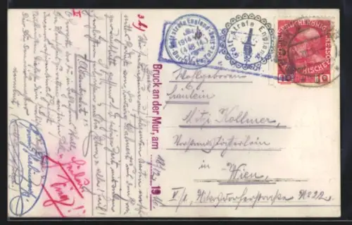 AK Propagandastempel Bruck a. d. Mur, Gott strafe England, Durch Not und Tot zum Sieg