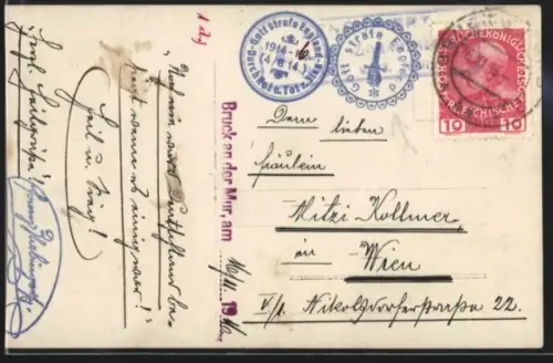 AK Propagandastempel Bruck a. d. Mur, Gott strafe England, Durch Not und Tot zum Sieg