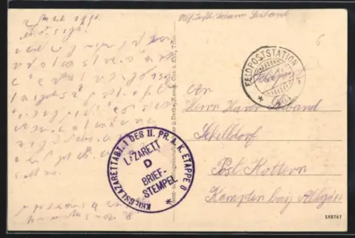 AK Lazarettstempel Sachsenstation, Kriegslazarett Abt. 1 des II. Pr. A. K. Etappe 8