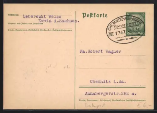 AK Bahnpoststempel Chemnitz-Aue-Adorf 1934