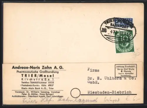 AK Bahnpoststempel Trier-Koblenz 1953