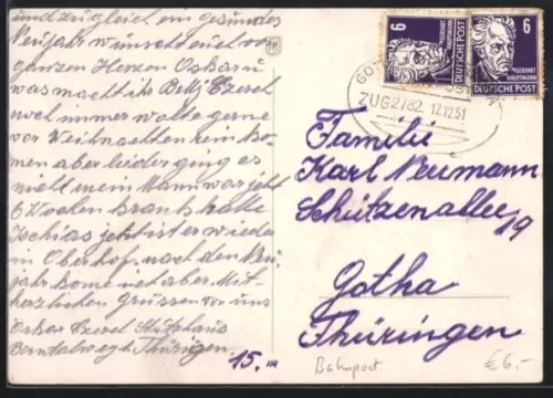 AK Bahnpoststempel Gotha-Grafenroda 1951