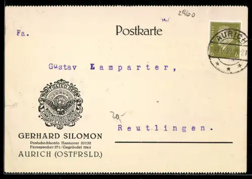 AK Aurich /Ostfrsld., Fa. Gerhard Silomon, Korrespondenzkarte, Logo Einkaufsvereinigung
