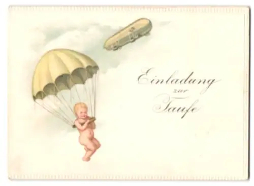 Glückwunschkarte Kleinkind springt mit dem Fallschirm aus einem Zeppelin, Taufeinladung