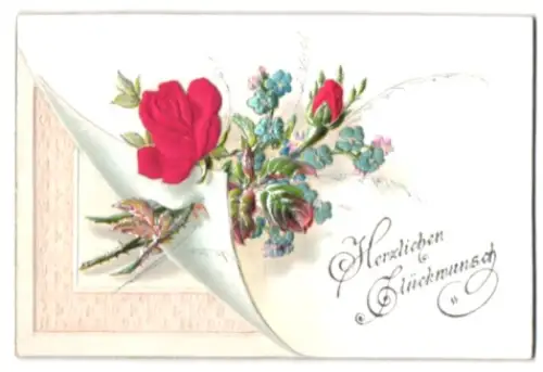Glückwunschkarte Rosen und Vergissmeinnicht im Strauss