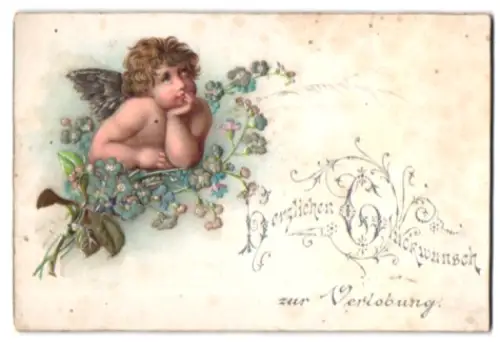 Glückwunschkarte Kleiner Engel mit Vergissmeinnicht, Verlobung