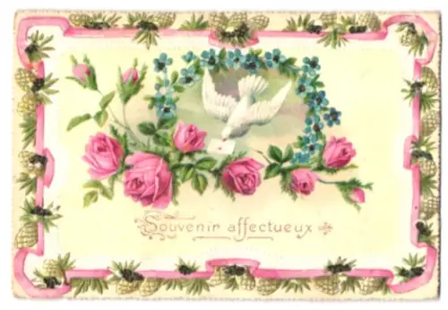 Glückwunschkarte Weisse Taube mit Brief im Schnabel, Rosen, Vergissmeinnicht